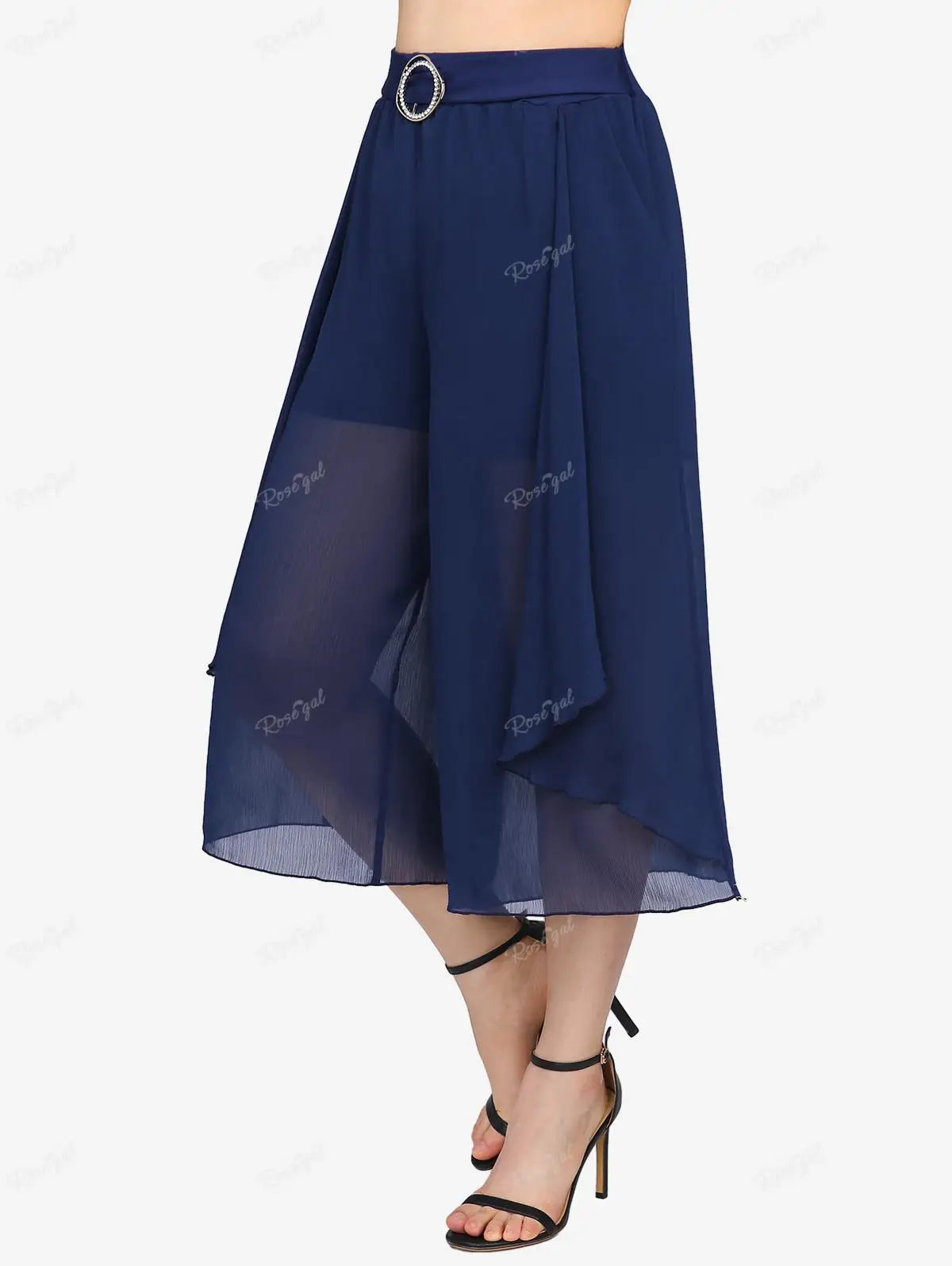 ROSEGAL Plus Size Deep Blue Chiffon Wide Leg Pants | Loose Casual Textured Layered Ruffles with Pockets | Culottes for Women