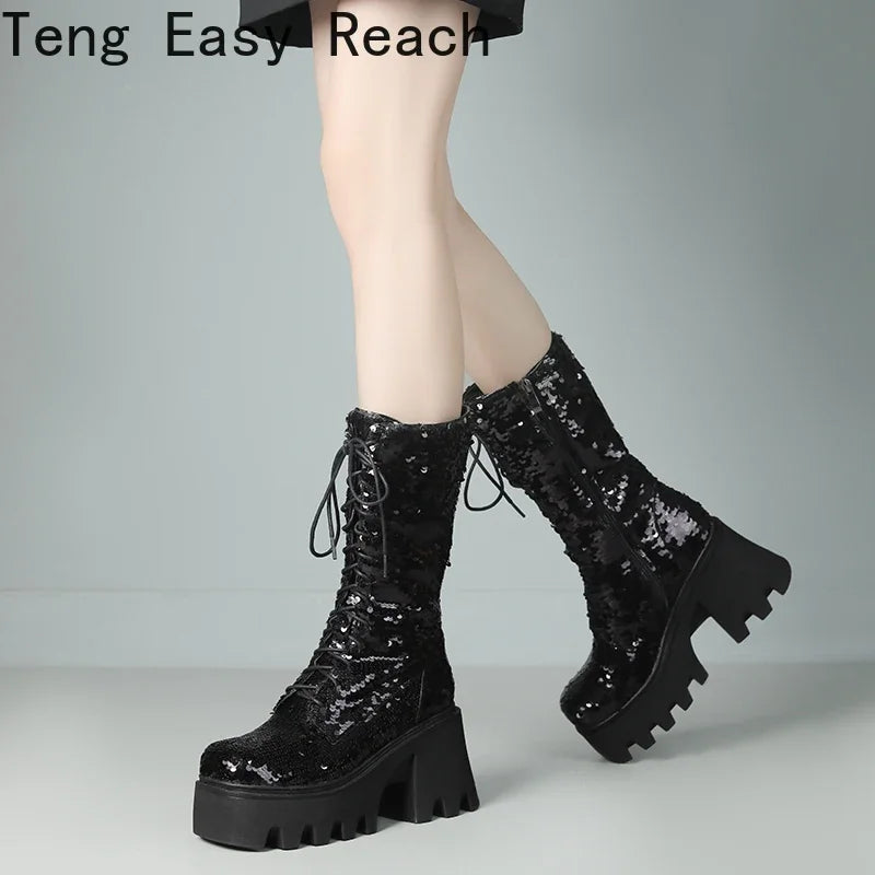 Women’s Lace-up Punk Platform Sequined Ankle Boots