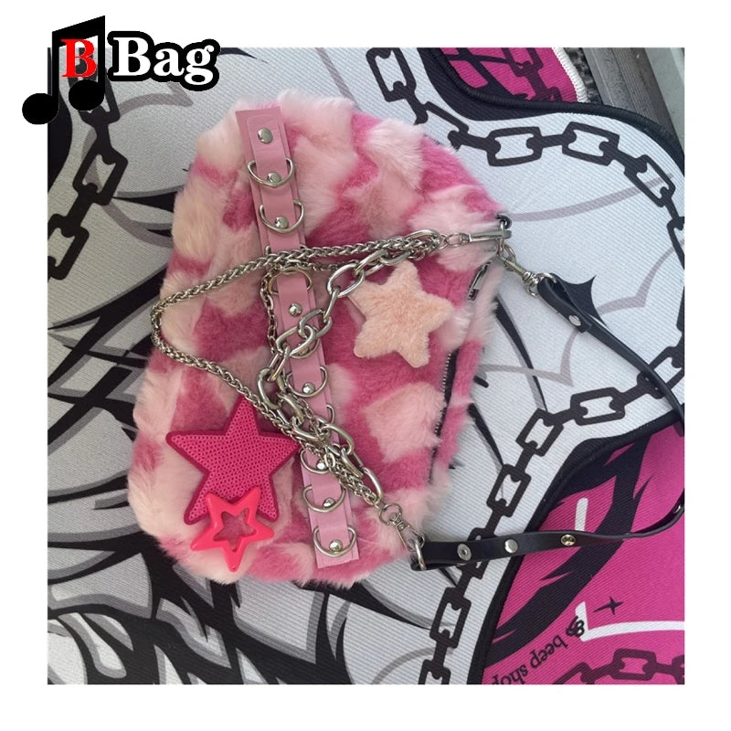 Pink Plush Shoulder Bag Cute Sweet Heart Pattern with Star and Metal Embellishments | Detachable PU Strap