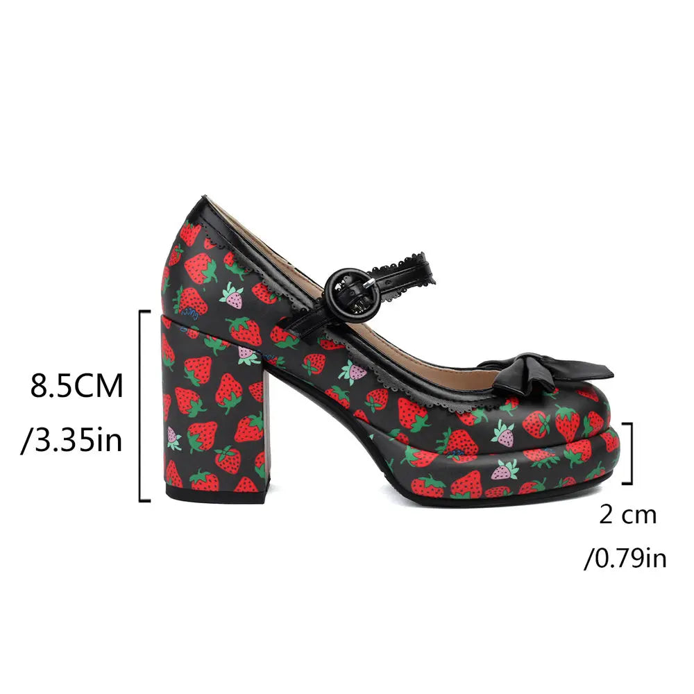 Women's Y2K Block High Heels – Sweet Strawberry Print Mary Jane Pumps, Black & Pink Platform Lolita Shoes