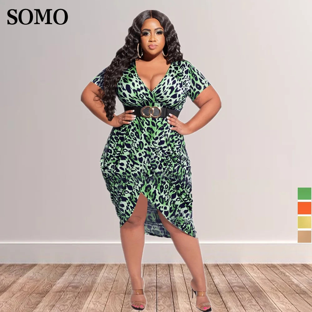 Plus Size Women's Clothing: Fashionable Leopard Print Slim Oversized Midi Dresses with Sexy Deep V-Neck