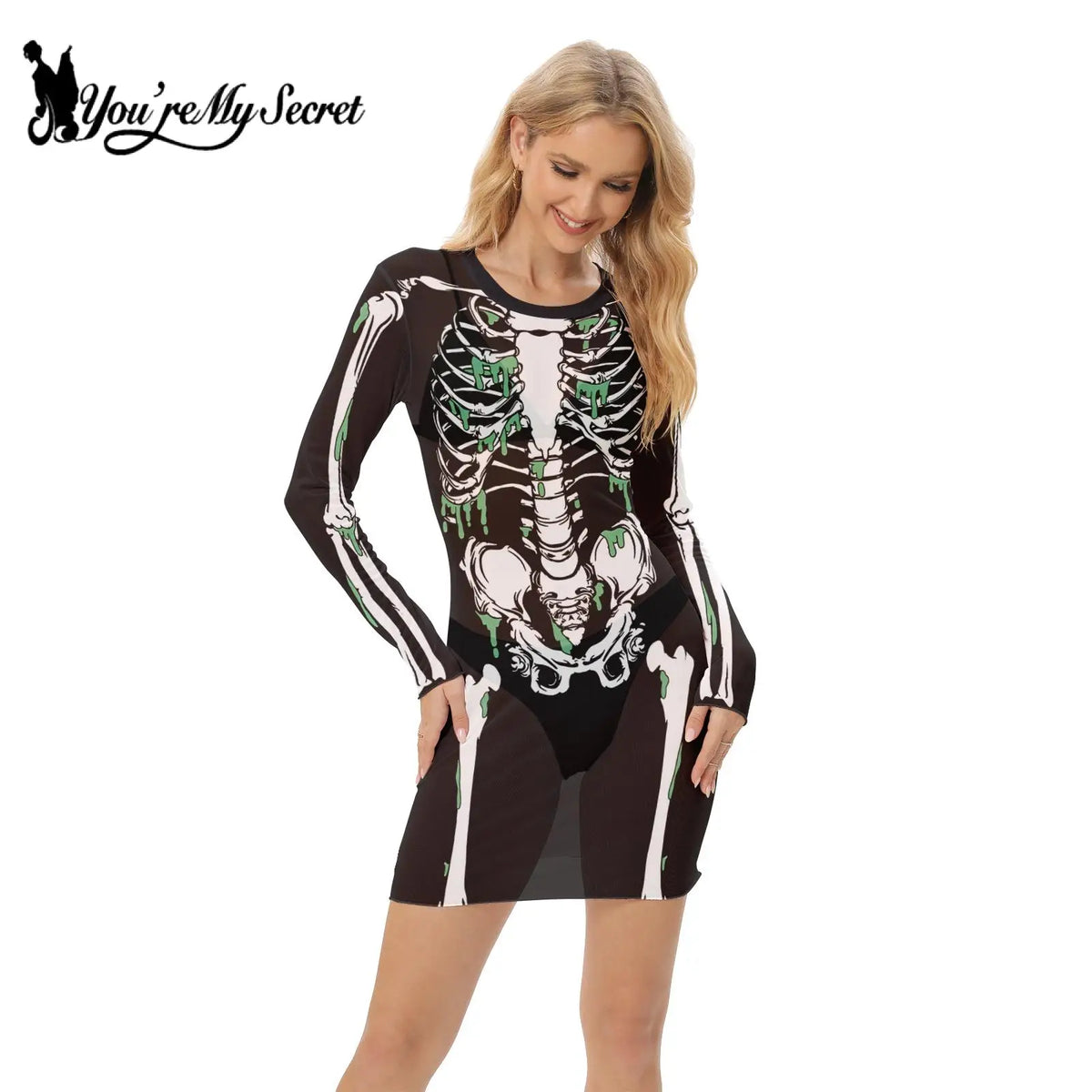 [You're My Secret] Women's Sheer Mesh Mini Dress Skeleton 3D Printing Sexy Smoky Dress Female Sexy Skirt Halloween Party Dress