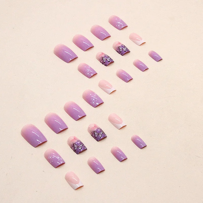 24 PCs Short French Lavender Gradient Butterfly Fingernails with Jelly Gel and 1 Nail File