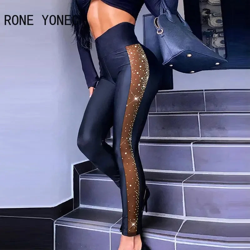 Women Chic High-Waist Black Pencil Pants with Mesh Patchwork and Rhinestone Detail – Spring & Autumn