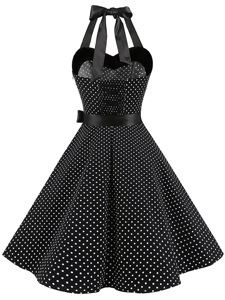 Women's Polka Dot Print Summer Dress - Sexy Retro White Halter Vintage Chic, Pin-Up Rockabilly Party Dress