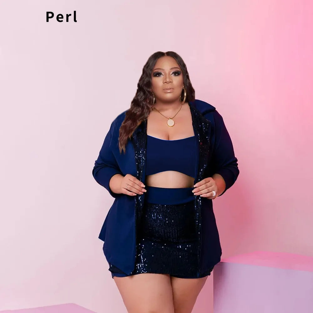 Perl Sequin Three-Piece Set – Sling Crop Top + Culottes + Long Jacket for Women Plus Size Autumn Outfits, OL Office Female Clothing