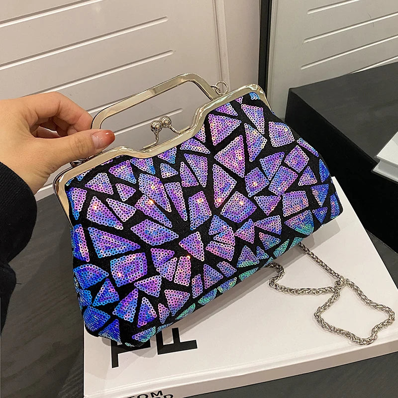 2023 Fashion Multicolor Sequin Evening Bag – Luxury Clasp Handbag, Women’s Chain Shoulder Crossbody Wedding Party Clutch