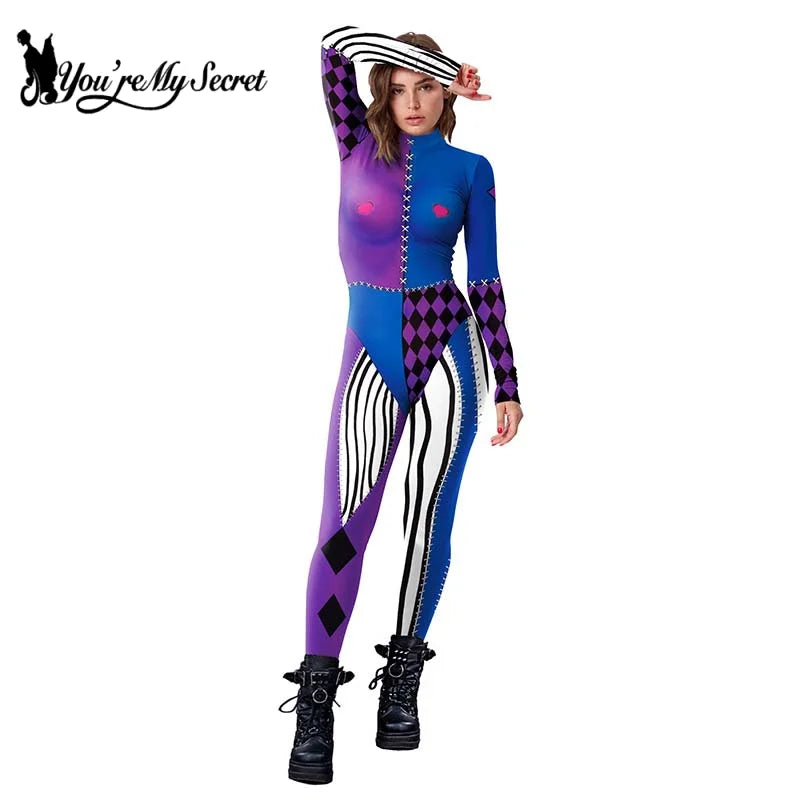 [You're My Secret] Adults Women Anime Harley Clowm Printed Bodysuits Cosplay Costumes Halloween Cosplay Carnival Theme Uniforms