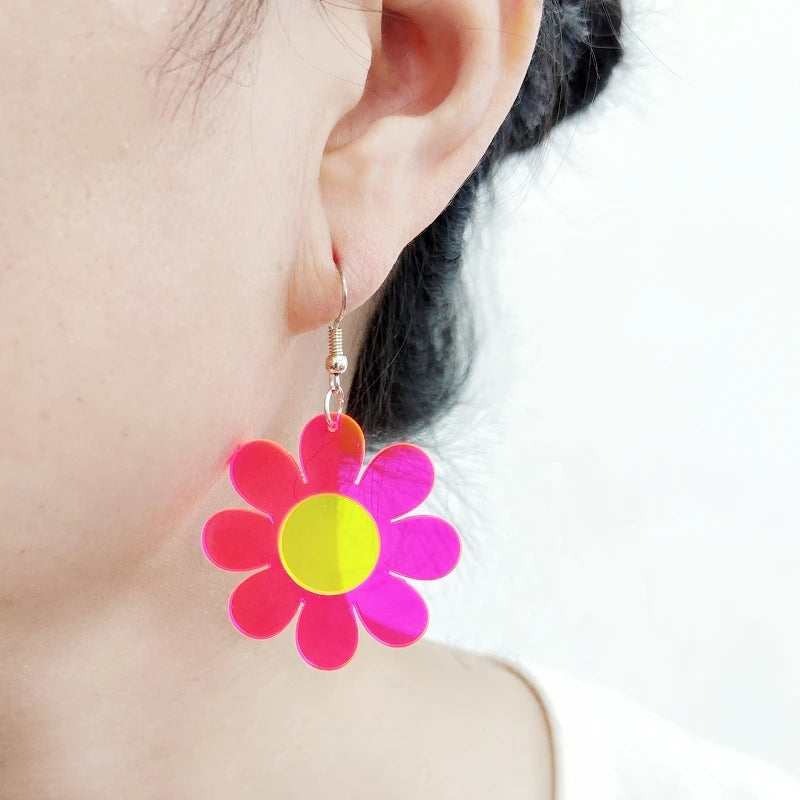 Cute Clear Neon Green Hot Pink Flower Drop Earrings for Women - Acrylic Jewelry Fashion Accessories by KUGUYS