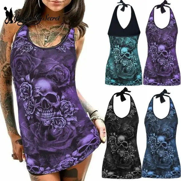 [You're My Secret] Fashion Woman Clothes Spring and Summer Camisole Vest Skull Printing Sexy Halter Sleeveless T-Shirt Tank Top