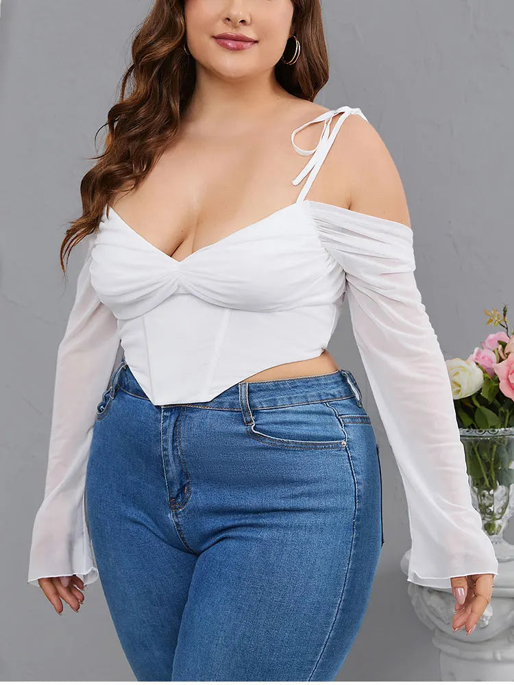 EYNMIN Plus Size Solid Mesh Sleeve Cropped Top for Women – Autumn Sexy V-Neck Backless Cami Fashion Club Top