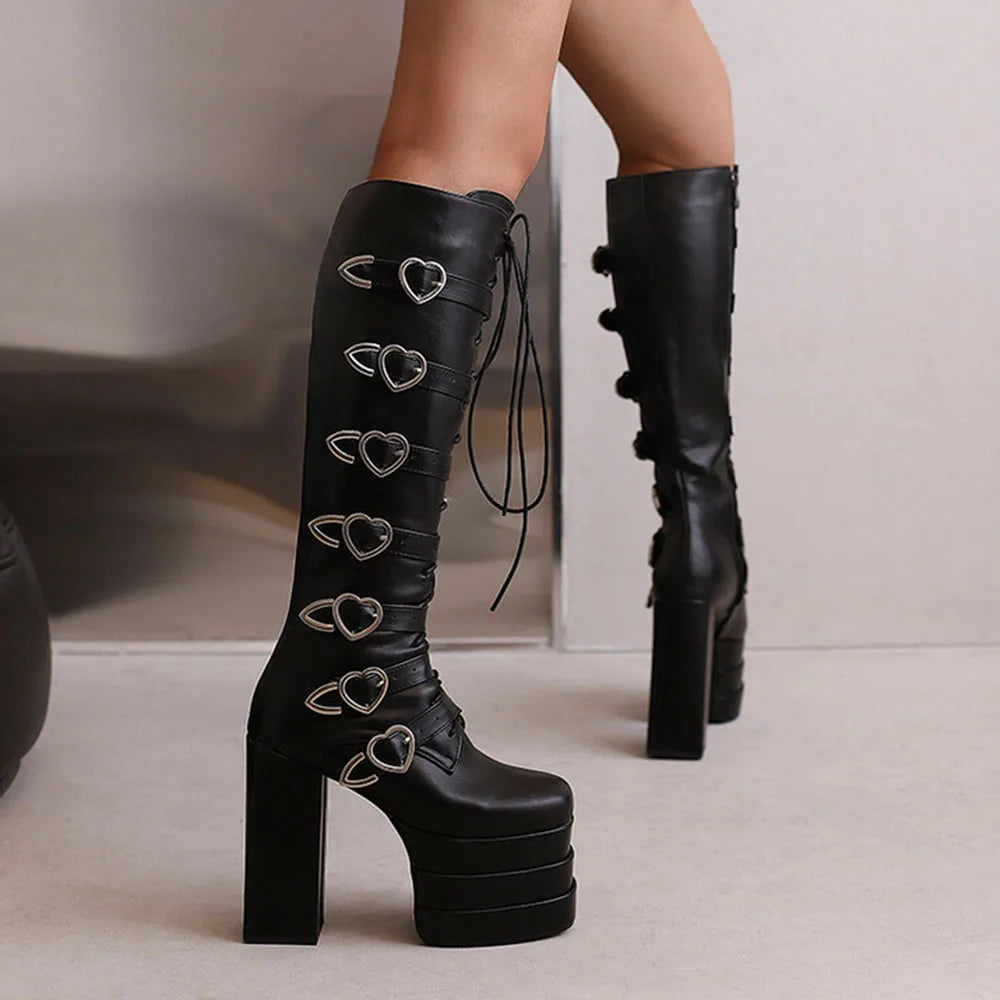 High Heeled Women Boots Heart Buckle Sassy Platform Shoes Lace Up Knee High Trendy Punk Goth Cool Designer 2023 New Winter Boots