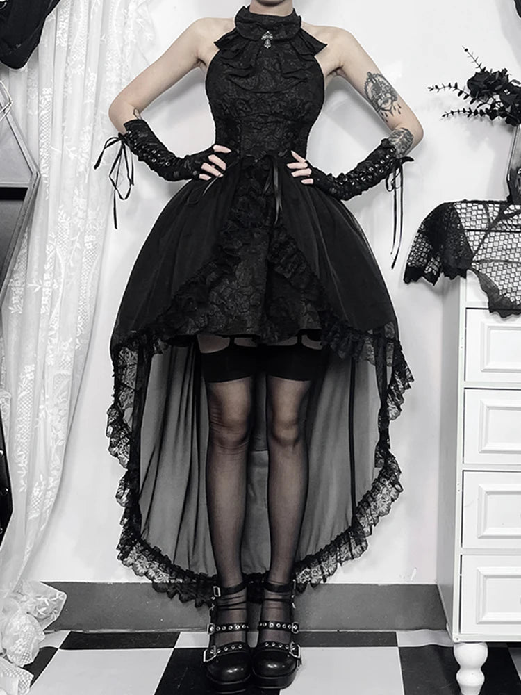 InsGoth Mesh Lace Trailing Decorative Skirt Women’s Emo Goth Punk Halter Victorian Dress