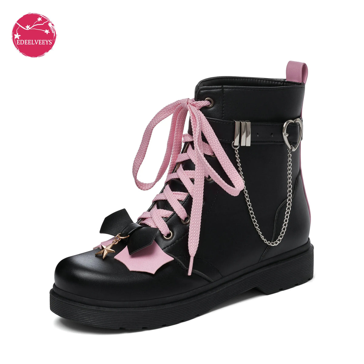 Harajuku Boots Plus Size Women Lolita Thick-Soled Lace Up Shoes Gothic Bat Wings Darkness Black Motorcycle Booties Metal Chain