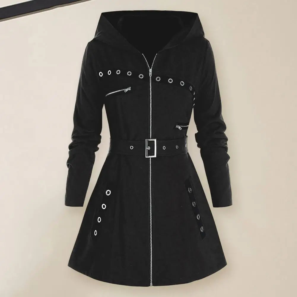 Stylish Coat Gothic Women Winter Coat Pocket Punk Style A-line Autumn Coat  Thermal