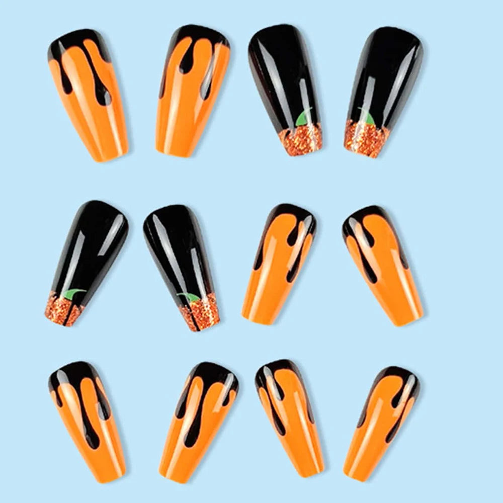 24pc Press on Nails Ballerina European and American Style Orange Halloween Pumpkins Full Cover Tip False Nails  fingers shine