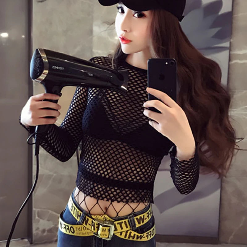 Sexy Mesh Top Gothic Clothes for Women - Black Elastic Fishnet T-Shirt, See-Through Long Sleeve Turtleneck Clubwear Outfit