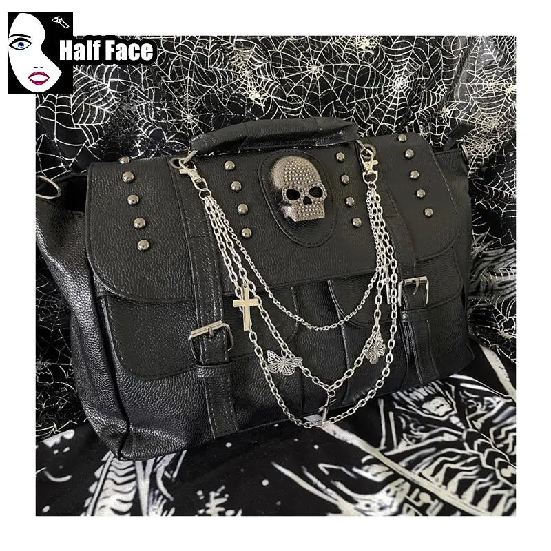 Y2K Harajuku Gothic Punk Skeleton Head Chain Crossbody Bag - Spicy Girls Locomotive Subculture Lolita Tote