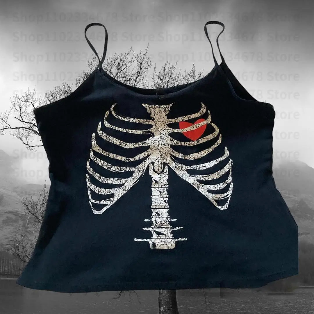 Vintage Punk Skull Tank Top Aesthetic Y2k Style Clothes Slim Baby Tees Gothic Streetwear Camisole Crop Tops Emo Girls 2000s Tops