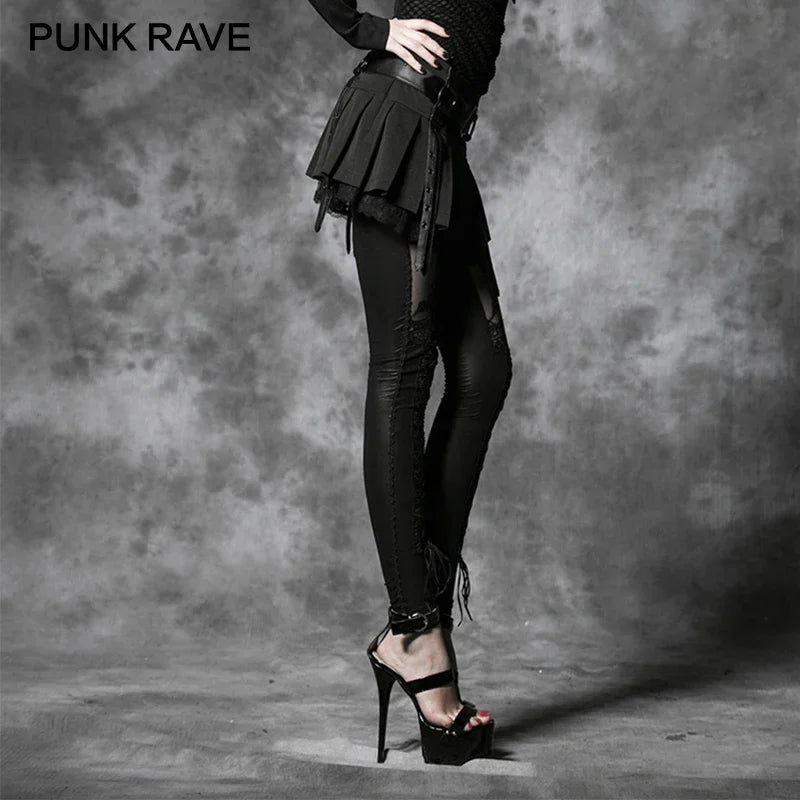 PUNK RAVE Women's Sexy Flocking Bind Lace Leggings - Gothic Retro Black Patchwork Slim Pants