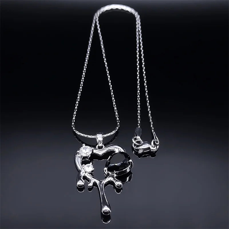 Vintage Goth Zircon Love Heart Irregular Waterdrop Choker - Women's Stainless Steel Clavicle Snake Chain Necklace