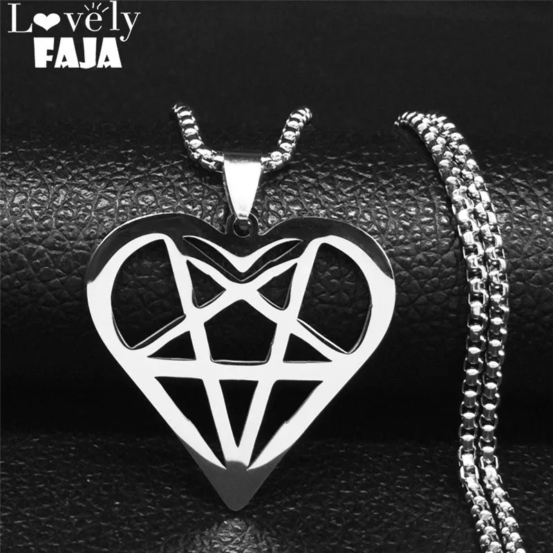 2024 Fashion Stainless Steel Satan Necklace for Women - Silver Color Heart Pentagram Necklace Jewelry N7081S03