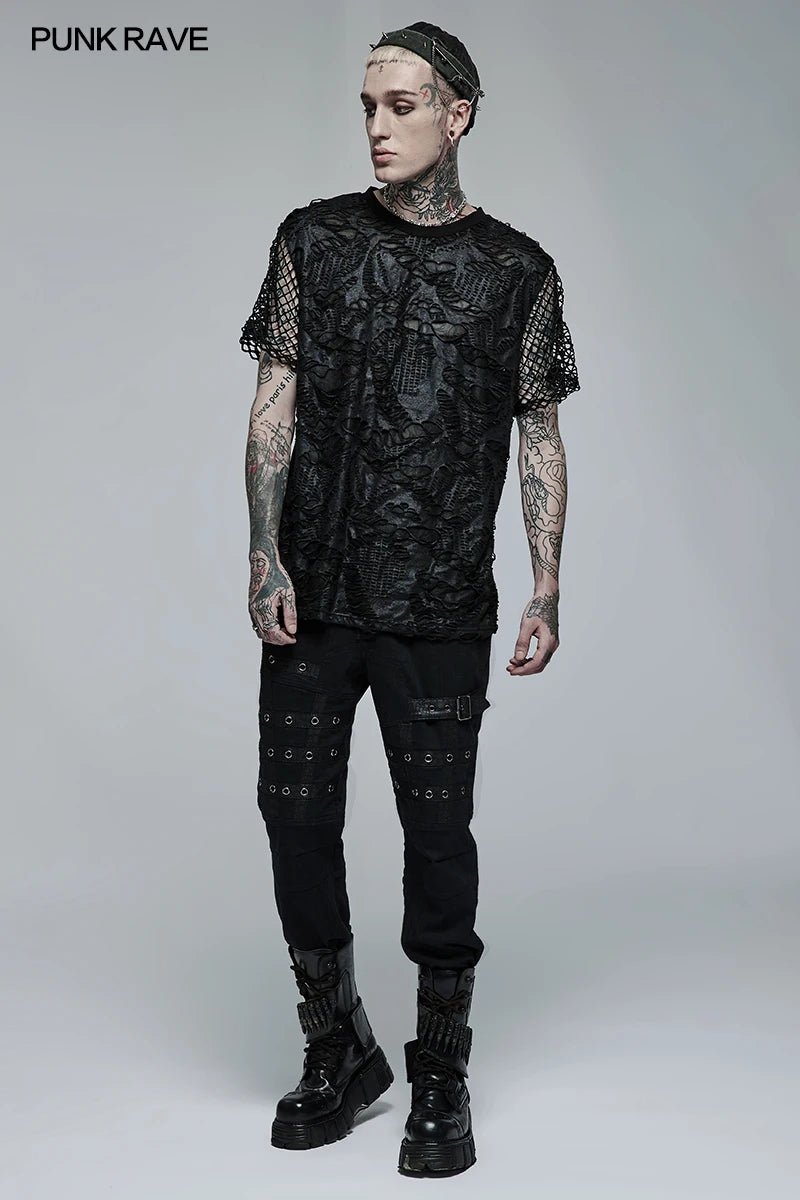 PUNK RAVE Men's Goth Daily Wear Knited Broken Holes Splices Mesh Short Sleeve T-shirt Fashion Personality Casual Loose Tees