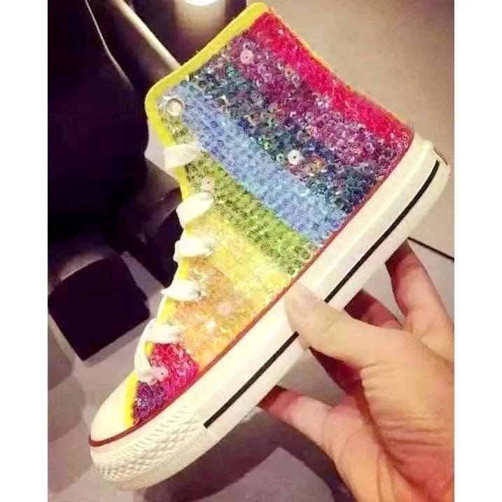 Women's Bling Glitter High Top Sneakers – Casual, Comfortable, Non-Slip with Rainbow Sequins, Trendy Brand Flats