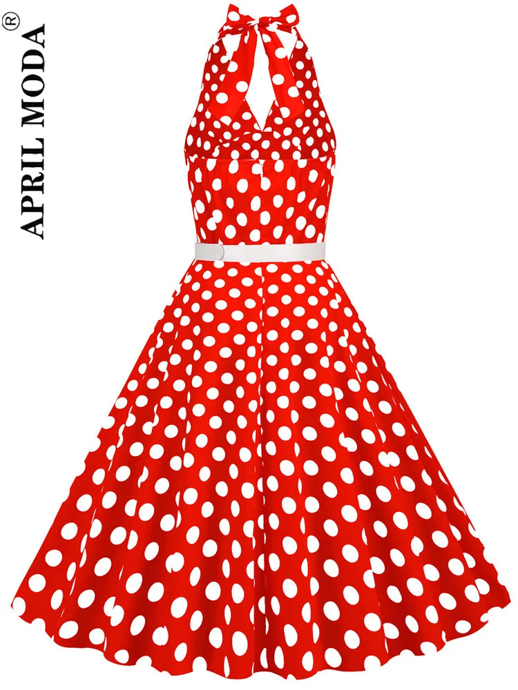 Sexy Backless Halter Swing Party Dress with Belt - Polka Dot Print Vintage Women's Runway Prom Tea Dress, 50s Cocktail Dress