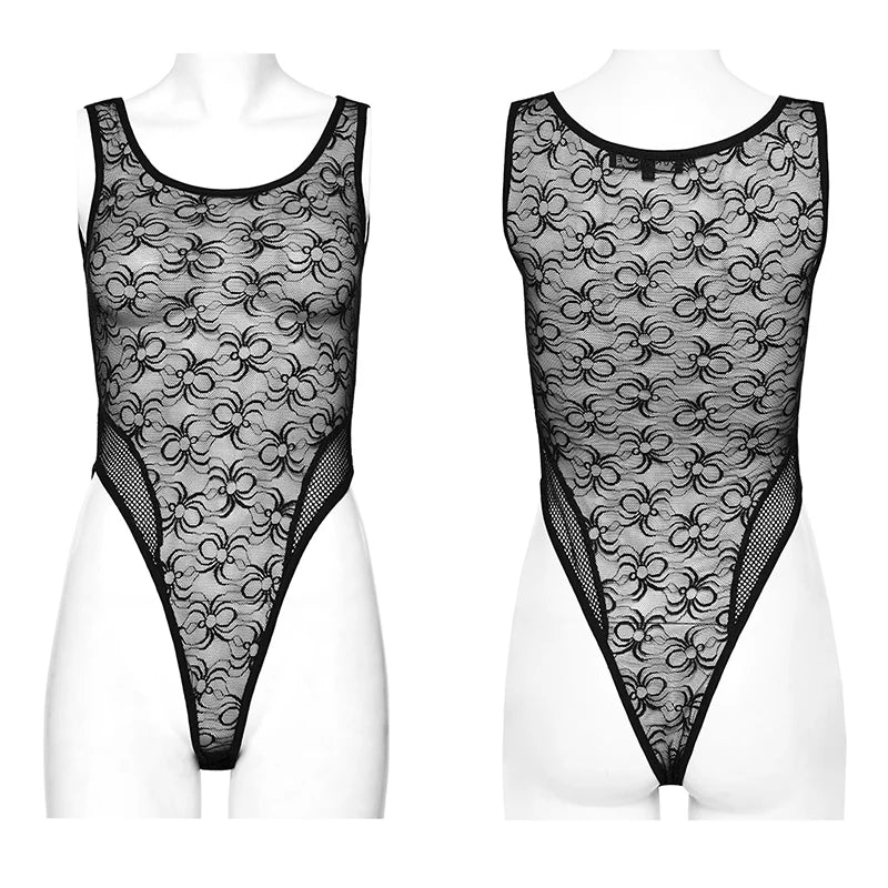 PUNK RAVE Women's Punk  Spliced Spider Texture Daily Bodysuit Sexy Modified Waistline See-through Design Slim Vest Tees Summer