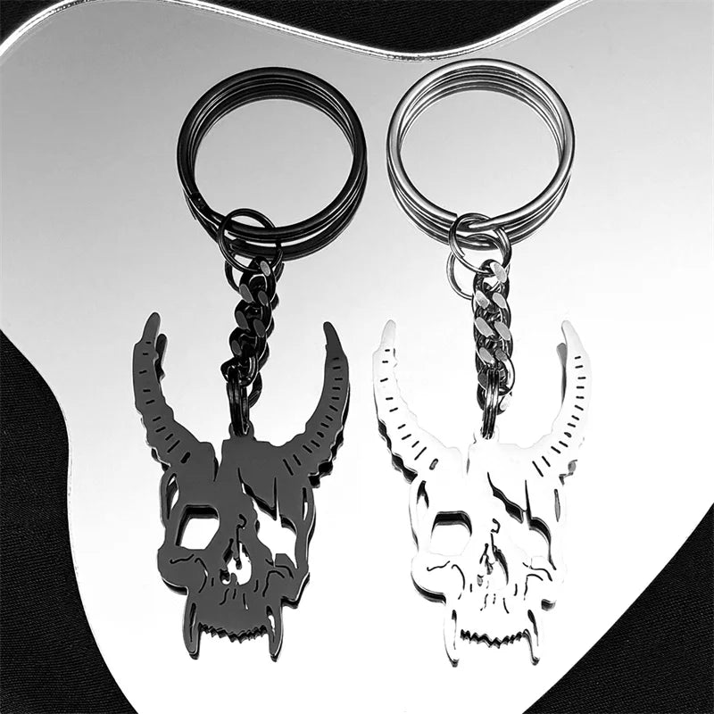 Stainless Steel Gothic Sheep Head Skull Keychain – Retro Religious Alternative Key Ring for Men & Women