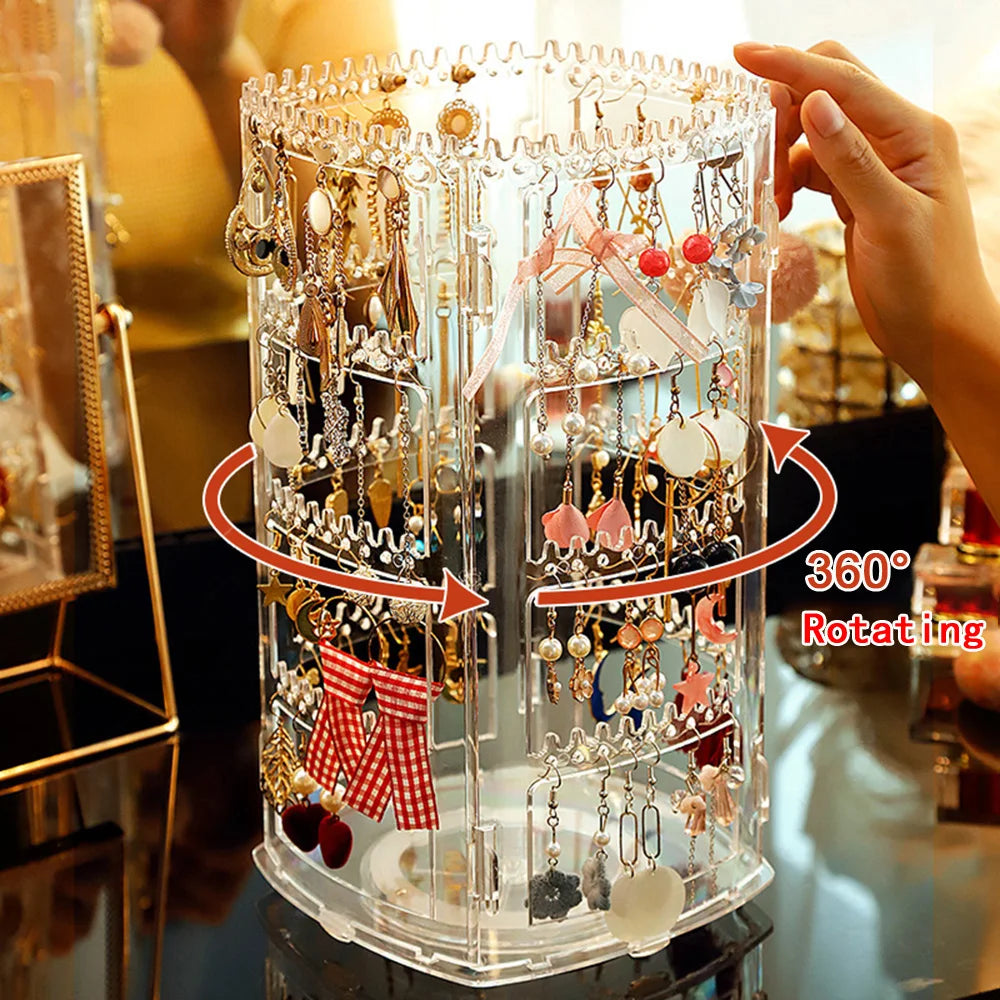 360 Degree Rotating Jewelry Storage Box 2023 Earring Display Stand Plastic Earring Organizer Holder Showcase Jewelry Makeup Case