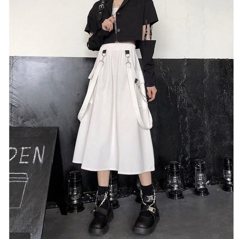 90s Solid Gothic Long Techwear Skirt Women Grunge Punk High Waist Chain Pocket Strap Black Cargo Skirts Goth Harajuku Streetwear