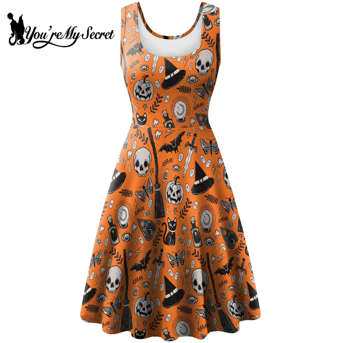 [You're My Secret] Dress Women Sexy Sleeveless Witch Party Ghastly 3D Skeleton Anime Clothes Summer Vintage Dress Halloween Rave