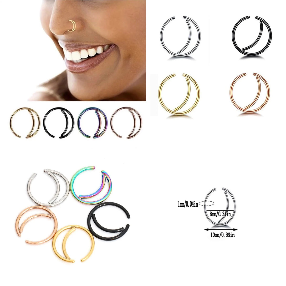 1Pcs Stainless Steel Moon Nose Ring Piercing Septum Ring Hoops For Women Men Ear Tragus Earrings Lip Hoop Fashion Punk Jewelry