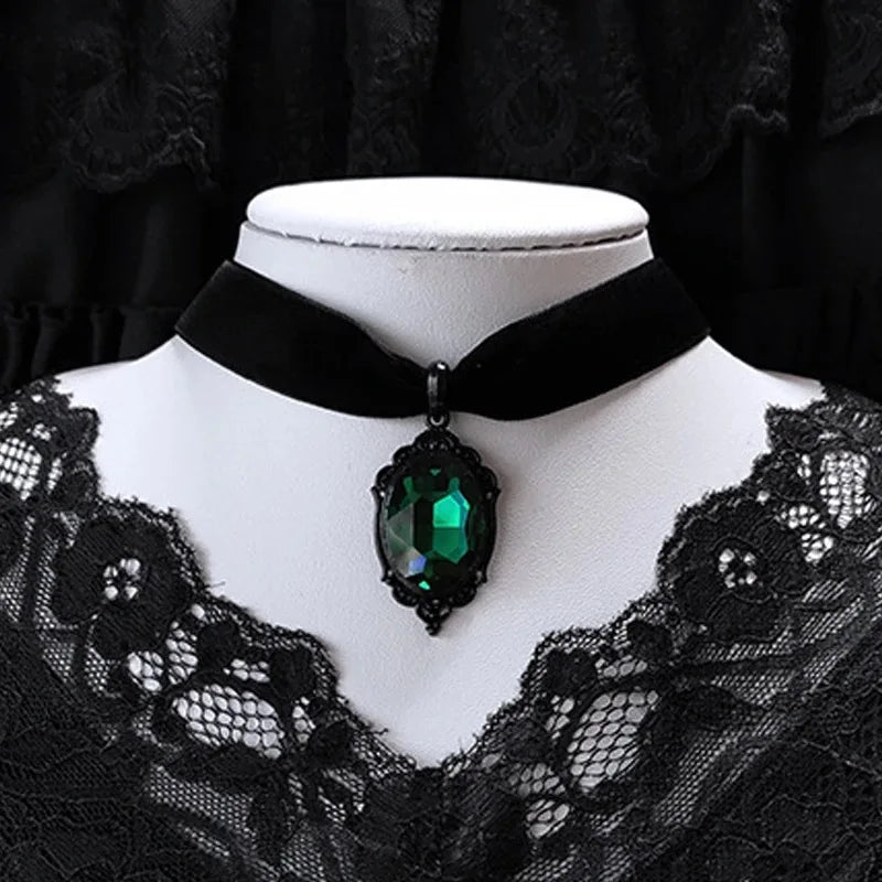 Title: Gothic Venom Crystal Cameo Necklace - Green Velvet Choker for Women