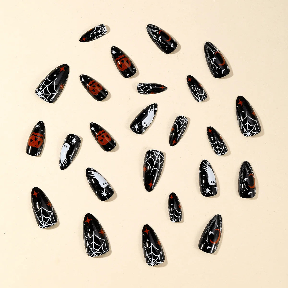 24pcs Halloween Fake Nails Spider Web Pumpkin Ghost Pattern Press on Nails for Girls Full Cover Wearable Almond False Nail Patch