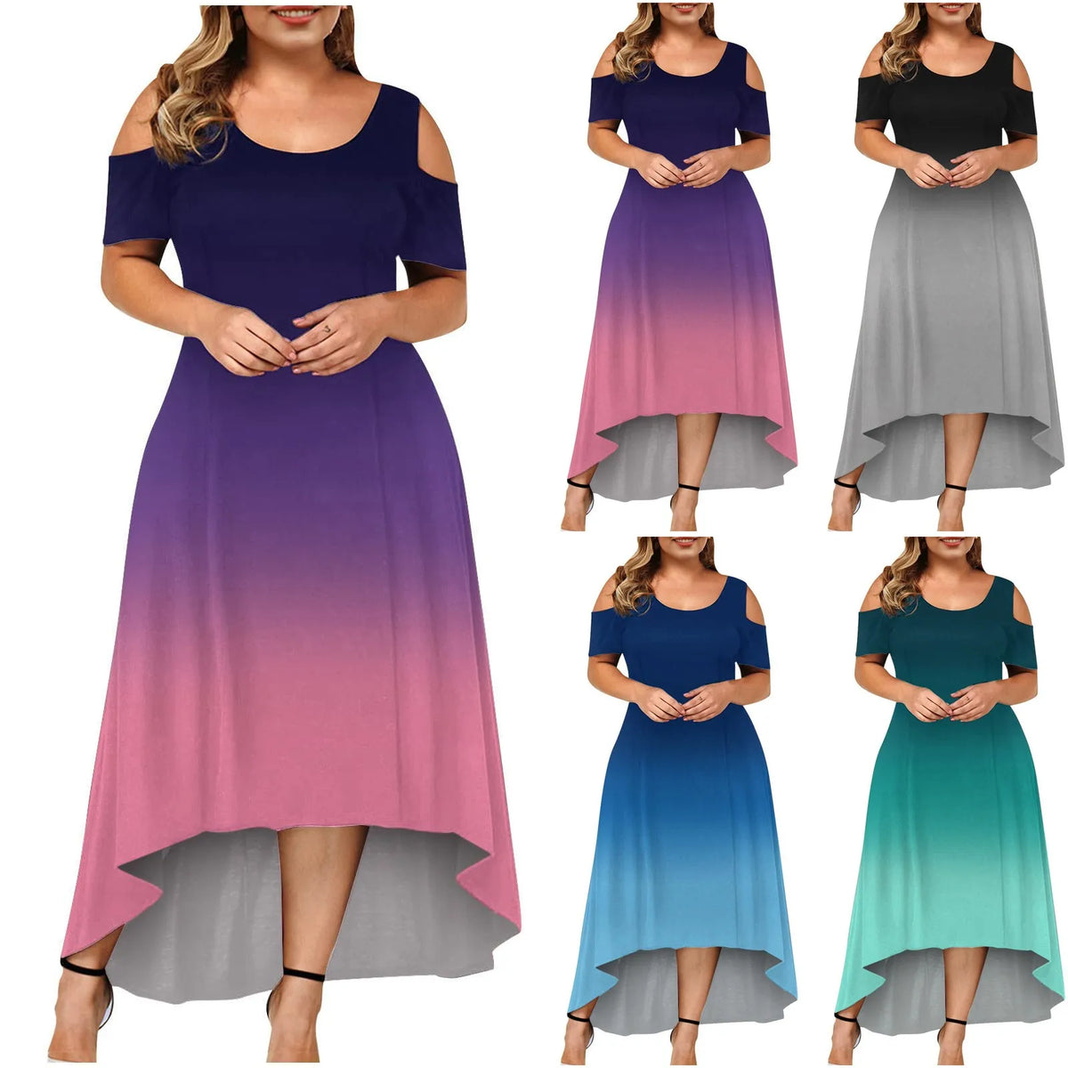 Women’s Plus Size Gradient Midi Dress – Summer 2024 Elegant Off-Shoulder Short Sleeve Evening Party Dress