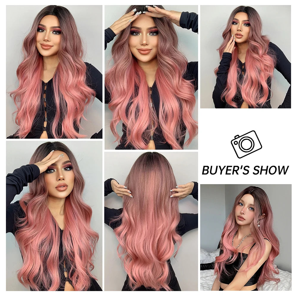 Pink Wigs for Women Long Wavy Wig Middle Part | Cosplay Wig Synthetic Heat Resistant | Natural Hair Looking Wig