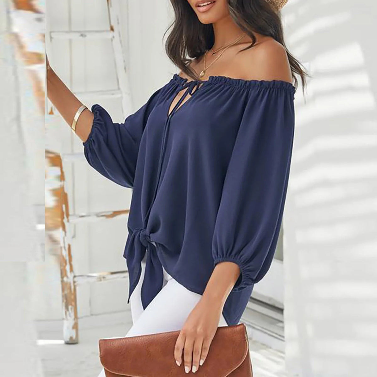 Elegant Off-Shoulder Summer Blouse - Half Sleeve Women's Tops, Office Blusas with Casual Loose Fit, Solid Color and Tie Detailing