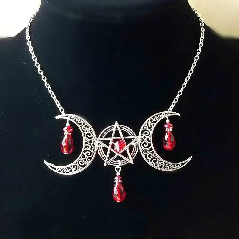 Wiccan Moon Necklace, Gothic Necklace, Pentagram & Moon Necklace, Pagan Necklace, Pentacle Necklace, Witch, Wicca, Black, Red,