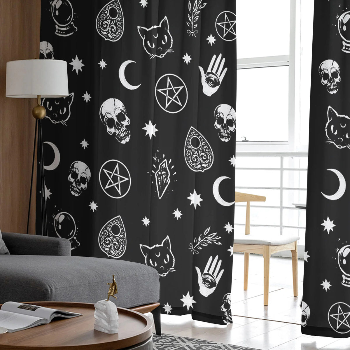 Black Witch Skull Moon Divination Sheer Curtains for Living Room, Bedroom, or Kitchen - Chiffon Window Treatment Drapes.