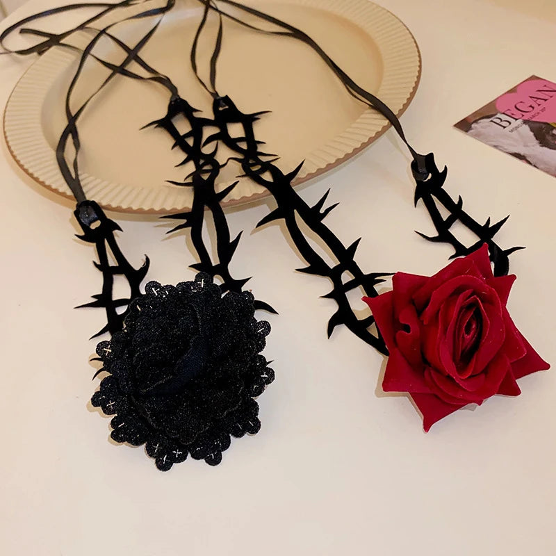 Retro Flower Adjustable Rope Collar Necklace | Gothic Thorny Red Rose Choker for Halloween Cosplay Party Accessories