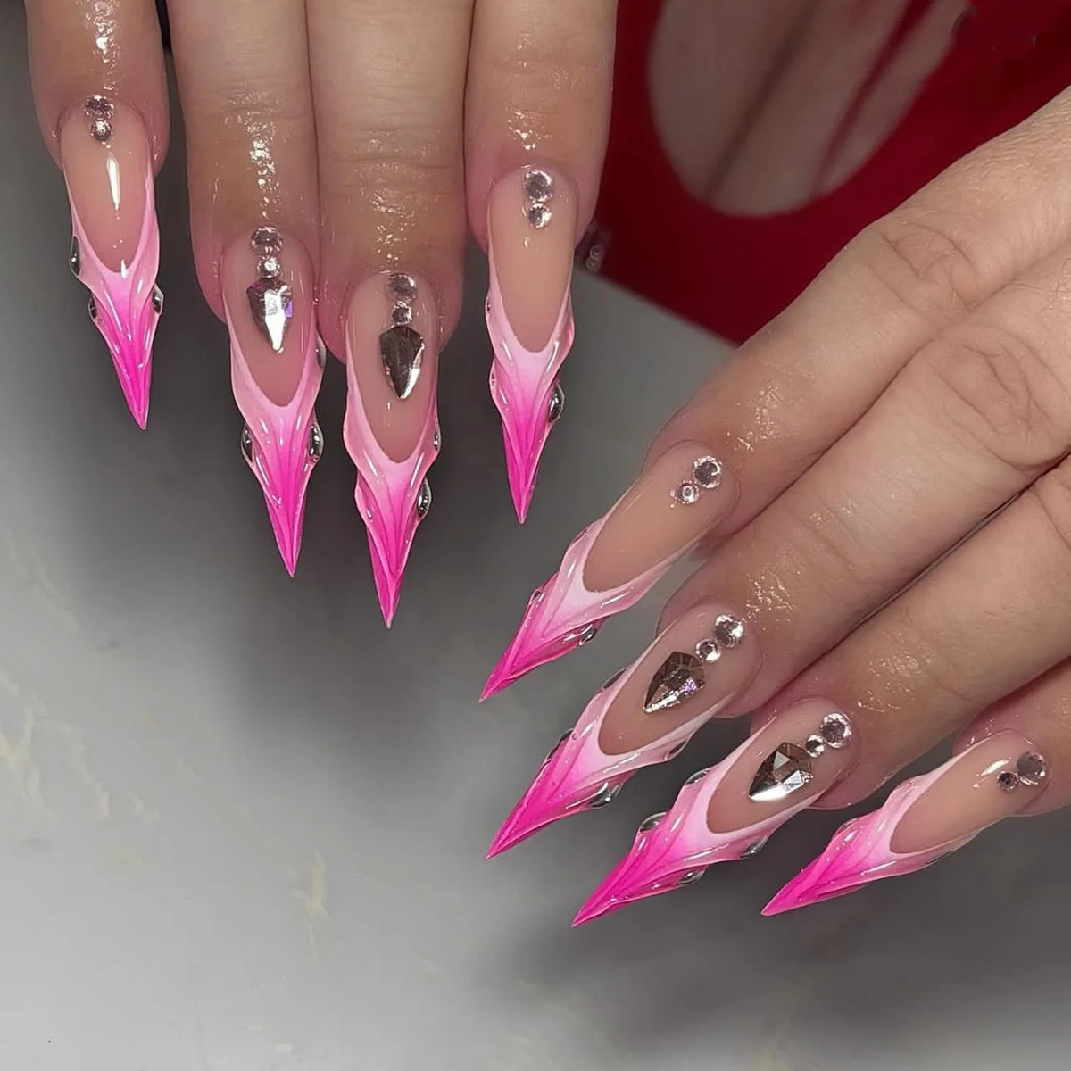 24Pcs Long Stiletto Almond Head Fake Nails with Rhinestone Design Wearable Pink French Press on False Nails Jelly Stick-ons