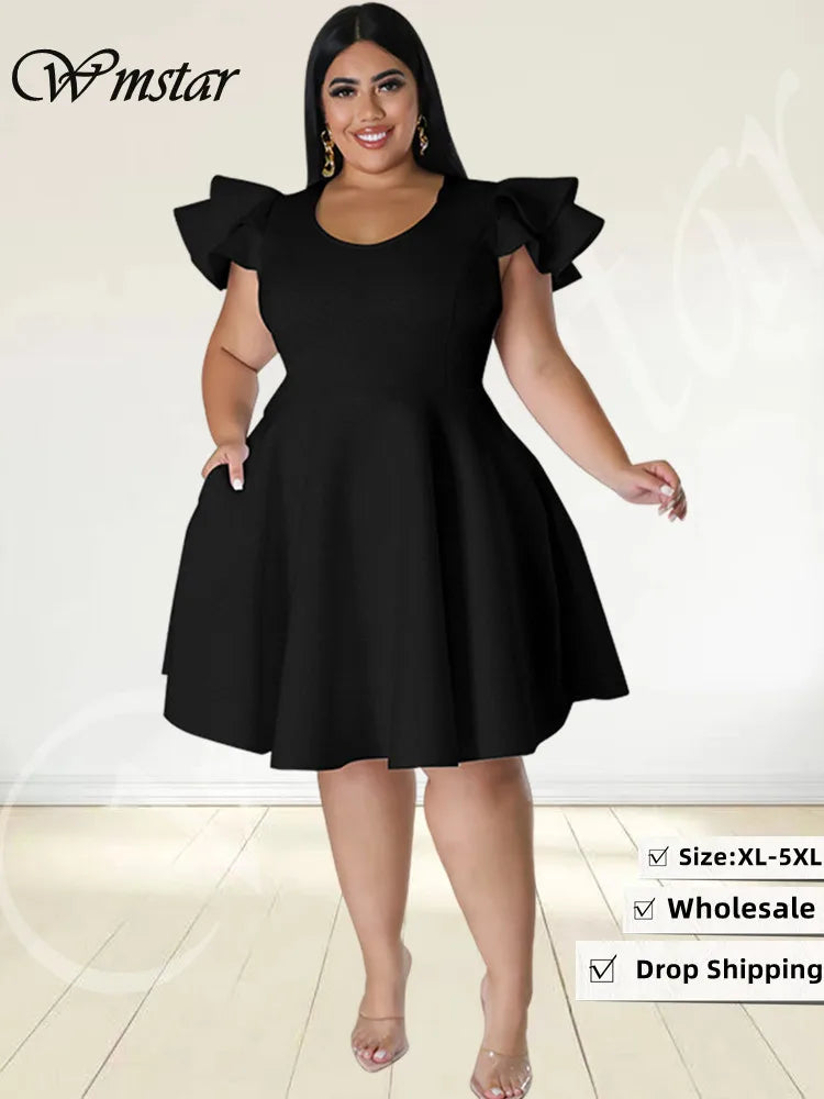 Wmstar Plus Size Dresses for Women Summer 2023 Elegant Party Solid Ruffles Sleeve Big Hem New Midi Dress Wholesale Dropshipping