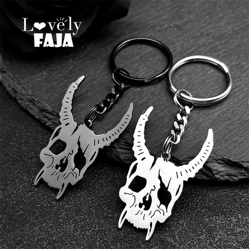 Stainless Steel Gothic Sheep Head Skull Keychain – Retro Religious Alternative Key Ring for Men & Women