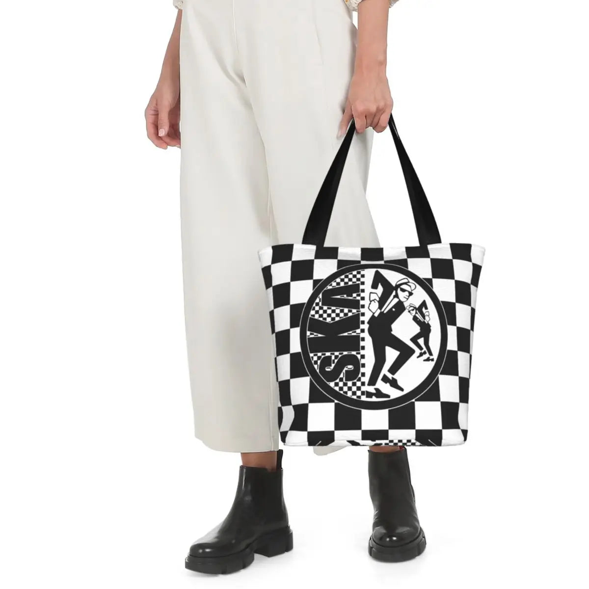 2 Tone Ska-Rock Revival Tote Bag – Women's Top Handle Checkered Handbag with Zipper Opening, Rocksteady Punk Rock Music Style