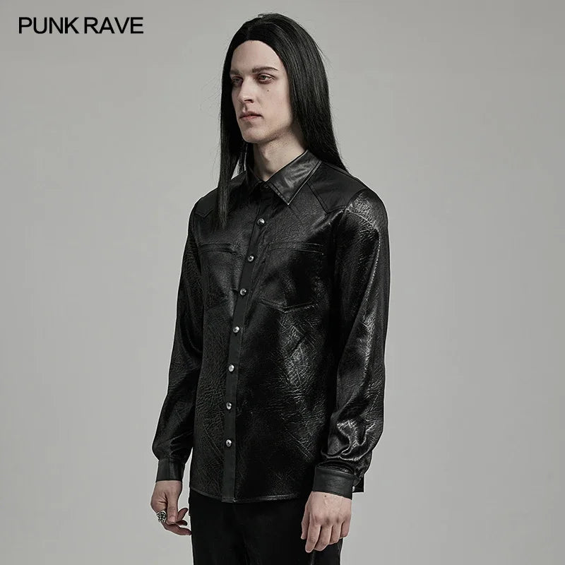 PUNK RAVE Men's Gothic Daily Crack Textured Woven Shirt Splicing Design on Shoulders Minimalis Fitted Shirts Tops Men Clothing