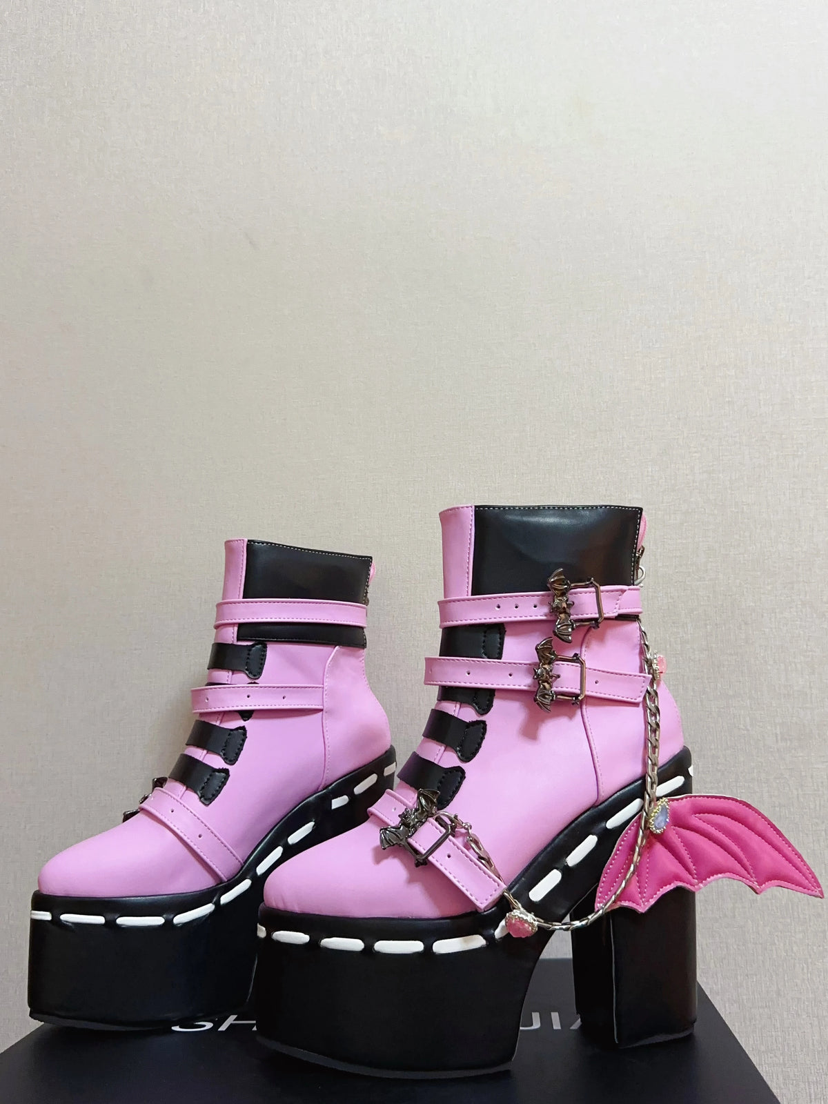 Women Wasteland style thick sole pink black ankle short Boots woman high Heels pumps Cool Lady party customized shoes wings