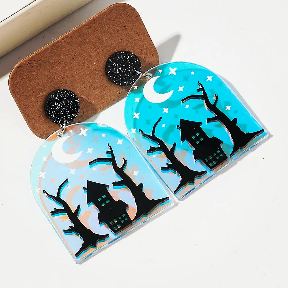 Cute Halloween Acrylic Ghost Castle Drop Earrings – Spooky Dark Forest Jewelry for Women 2024